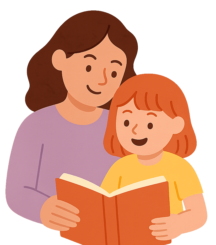 A woman and child reading a book together, smiling. The woman wears a purple shirt and the child a yellow one. The mood is joyful and warm.