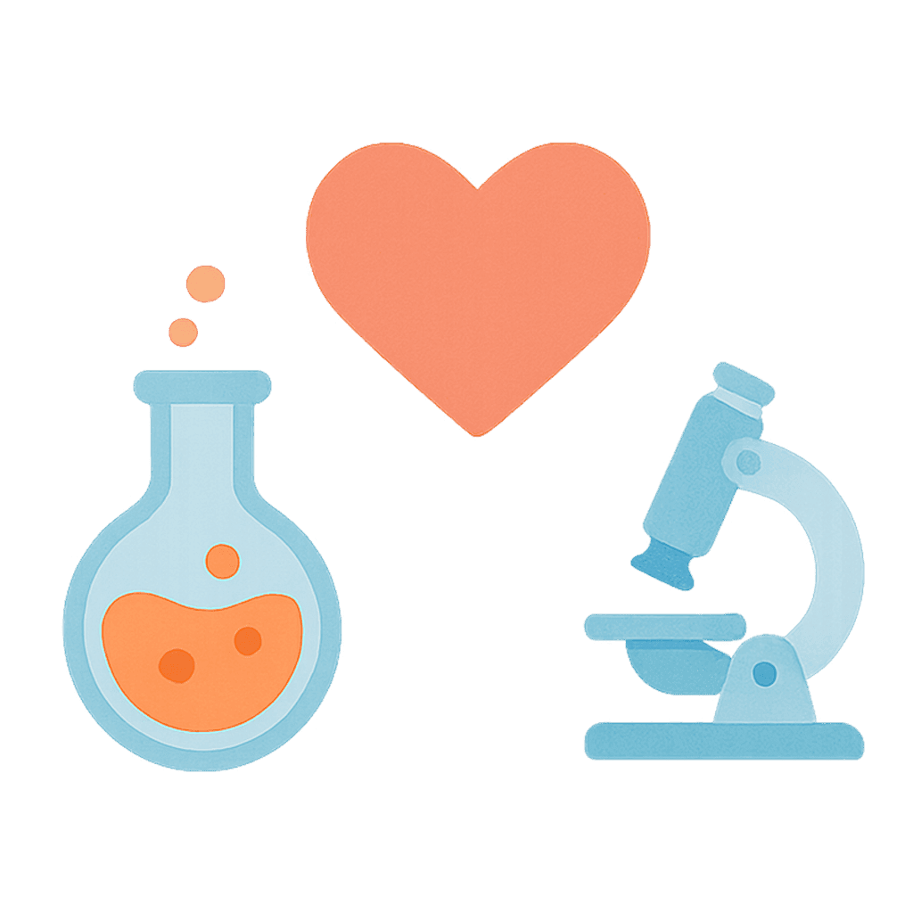 An image of a blue science flask and microscope with an orange heart between them, set against a transparent background. Represents love for science.